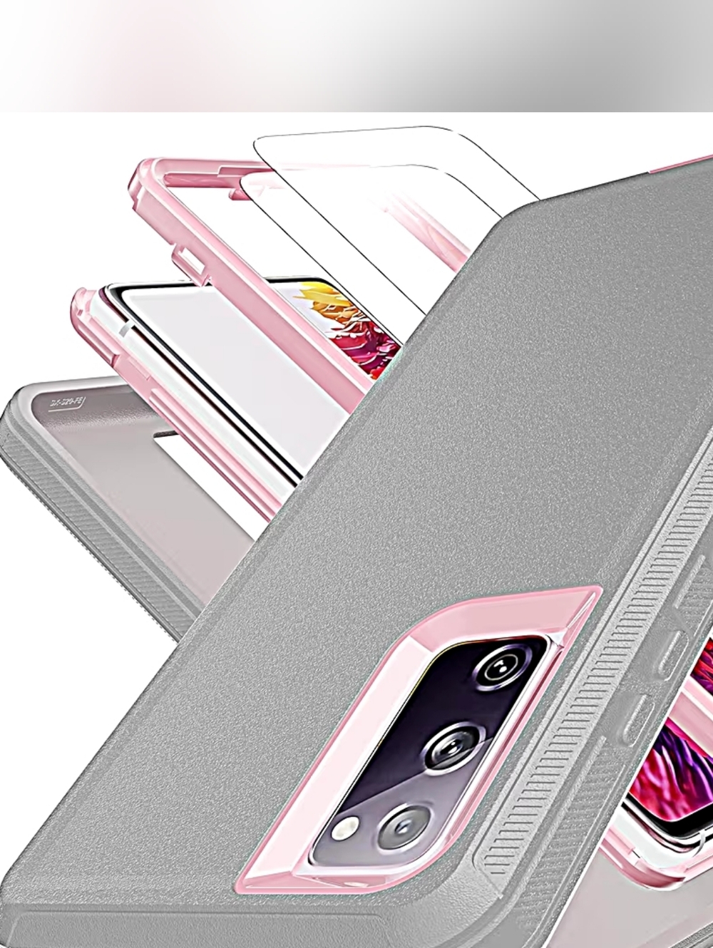 Galaxy S20 FE Protective Phone Case with Pink Accents - Slim Frosted Gray Cover
